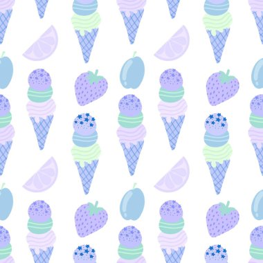 Çizgi filmlerde ambalaj kağıdı, kumaş, çarşaf, çocuk giysisi baskısı, şenlikli ambalaj ve yaz aksesuarları için kusursuz dondurma kalıbı. Yüksek kaliteli illüstrasyon