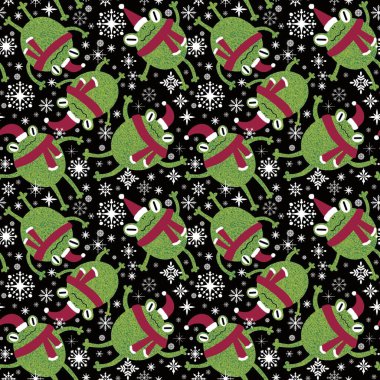 Noel hayvanları, kusursuz kurbağalar ve Noel Baba şapkası desenli ambalaj kağıtları, kumaşlar, çarşaflar ve çocuk giysileri baskısı ve yeni yıl ambalajları. Yüksek kaliteli illüstrasyon