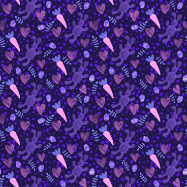 Suluboya Paskalya hayvanları havuçsuz ve tavşan desenli ambalajsız kağıt, kumaş, çarşaf ve çocuk giysileri baskısı, şenlikli paketleme ve mutfak aksesuarları. Yüksek kaliteli illüstrasyon