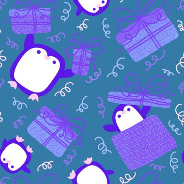 Noel hayvanları kusursuz penguenler ve hediye kutusu desenli ambalaj kağıtları, kumaşlar ve çocuk giysileri baskısı ve yeni yıl ambalajları ve kış aksesuarları. Yüksek kaliteli illüstrasyon