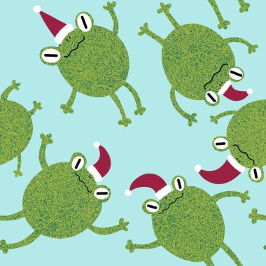 Noel hayvanları, kusursuz kurbağalar ve Noel Baba şapkası desenli ambalaj kağıtları, kumaşlar, çarşaflar ve çocuk giysileri baskısı ve yeni yıl ambalajları. Yüksek kaliteli illüstrasyon