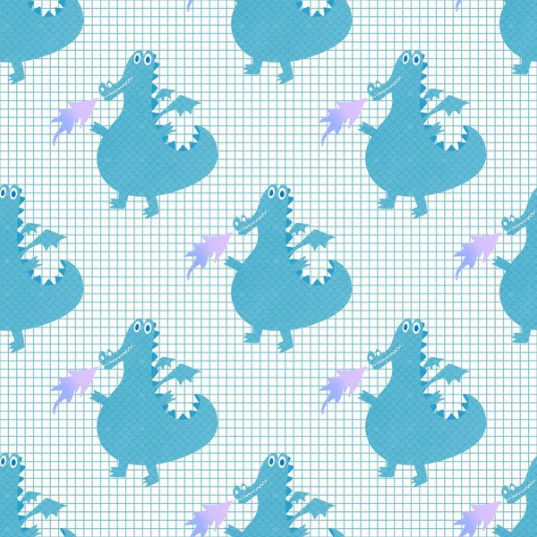 Cartoon dinosaur seamless Christmas dragon pattern for wrapping paper and fabrics and linens and kids clothes print and birthday packaging and festive accessories. High quality illustration