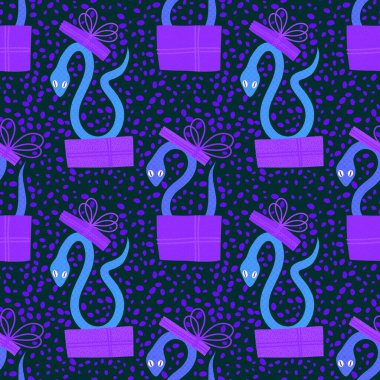 Yılbaşı çizgi filmlerinde kusursuz yılanlar ve hediye kutusu desenleri. Yeni yıl için ambalaj kağıtları, kumaşlar, çarşaflar ve çocuk giysileri baskısı ve şenlikli ambalajlar. Yüksek kaliteli illüstrasyon