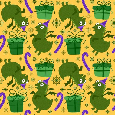 Çizgi filmlerdeki hayvanlar kağıt, kumaş, çarşaf, çocuk giysisi baskısı, dinozor ambalajı ve canavar aksesuarları için kusursuz ejderha desenleri. Yüksek kaliteli illüstrasyon