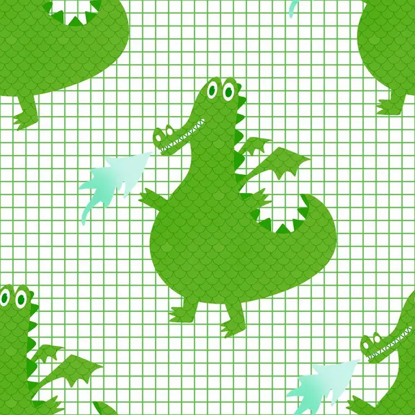 Cartoon dinosaur seamless Christmas dragon pattern for wrapping paper and fabrics and linens and kids clothes print and birthday packaging and festive accessories. High quality illustration