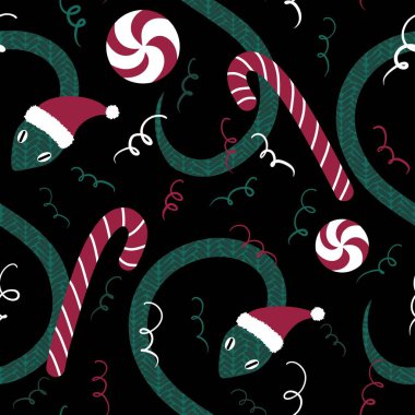 Noel karikatürleri, Noel Baba şapkası desenli kusursuz yılanlar. Yeni yıl kağıtları, kumaşlar, çarşaflar, çocuk giysileri baskıları ve şenlikli ambalajlar için. Yüksek kaliteli illüstrasyon