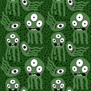 Çizgi film canavarları kağıt, kumaş, çarşaf, çocuk giysisi baskısı, yaz aksesuarları ve ergen tekstil ürünleri için kusursuz ahtapot deseni. Yüksek kaliteli illüstrasyon