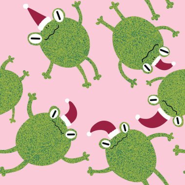 Noel hayvanları, kusursuz kurbağalar ve Noel Baba şapkası desenli ambalaj kağıtları, kumaşlar, çarşaflar ve çocuk giysileri baskısı ve yeni yıl ambalajları. Yüksek kaliteli illüstrasyon