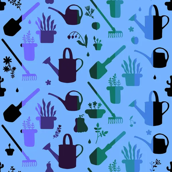 Garden tools seamless shovels and watering can and rake pattern for wrapping paper and fabrics and linens and summer textiles and shops packaging. High quality illustration