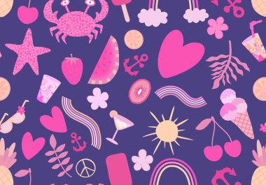 Yaz karikatür karikatürleri dikişsiz gökkuşağı ve yengeçler ve kiraz ve dondurma deseni ambalaj kağıdı ve kumaşlar ve çocuk giysileri baskısı ve şenlikli ambalaj ve tekstil. Yüksek kaliteli illüstrasyon