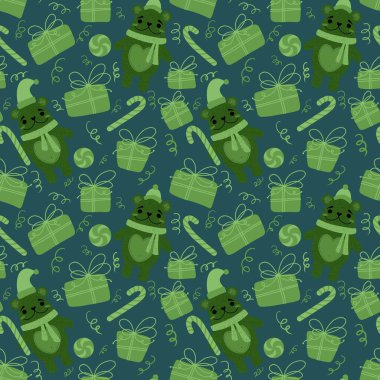 Noel hayvanları ambalaj kağıdı, kumaş, çarşaf ve çocuk giysileri baskısı, kış aksesuarları ve yeni yıl ambalajları için kusursuz ayı desenleri. Yüksek kaliteli illüstrasyon