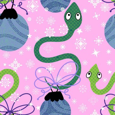 Noel ağacı topları kağıt, kumaş ve yeni 2025 yıllık aksesuarlar ve çocuk kıyafetleri ve şenlik aksesuarları için kusursuz yılan desenleri. Yüksek kaliteli illüstrasyon