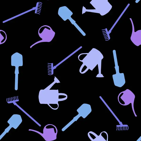 Garden tools seamless shovels and watering can and rake pattern for wrapping paper and fabrics and linens and summer textiles and shops packaging. High quality illustration