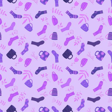 Kışın sıcak çoraplar ve bir fincan çay kağıdını, kumaşları, çarşafları, çocukların giysilerini ve yeni yıl ambalajlarını ve şenlikli aksesuarları sarmak için kusursuz bir Noel şablonu. Yüksek kaliteli illüstrasyon