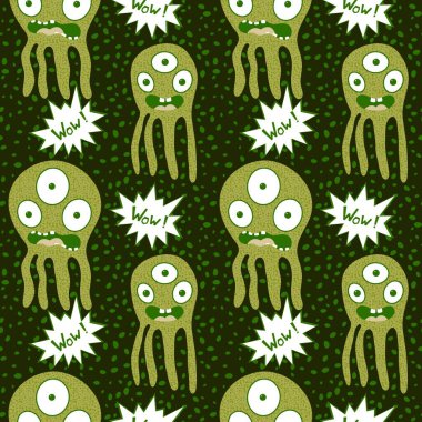 Çizgi film canavarları kağıt, kumaş, çarşaf, çocuk giysisi baskısı, yaz aksesuarları ve ergen tekstil ürünleri için kusursuz ahtapot deseni. Yüksek kaliteli illüstrasyon