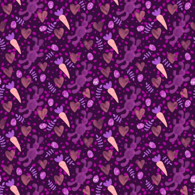 Suluboya Paskalya hayvanları havuçsuz ve tavşan desenli ambalajsız kağıt, kumaş, çarşaf ve çocuk giysileri baskısı, şenlikli paketleme ve mutfak aksesuarları. Yüksek kaliteli illüstrasyon