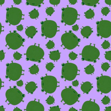 Çizgi film hayvanları, kağıt, kumaş, çarşaf, çocuk giysisi baskısı, yaz aksesuarları ve şenlikli ambalajlar için kusursuz kurbağa desenleri. Yüksek kaliteli illüstrasyon