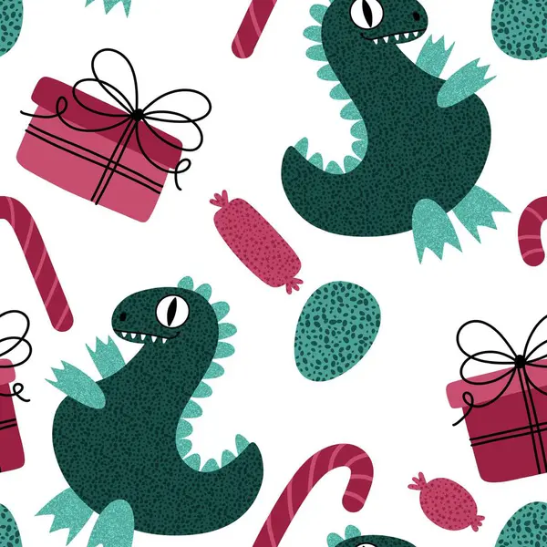 Christmas tree seamless dragon and gift box and balls and penguin pattern for wrapping paper and fabrics and winter accessories and kids print and Noel packaging and party. High quality illustration