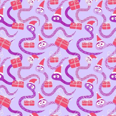 Noel karikatürleri, Noel Baba şapkası desenli kusursuz yılanlar. Yeni yıl kağıtları, kumaşlar, çarşaflar, çocuk giysileri baskıları ve şenlikli ambalajlar için. Yüksek kaliteli illüstrasyon