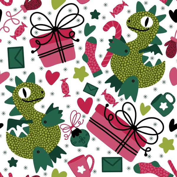 Christmas tree seamless dragon and gift box and balls and penguin pattern for wrapping paper and fabrics and winter accessories and kids print and Noel packaging and party. High quality illustration