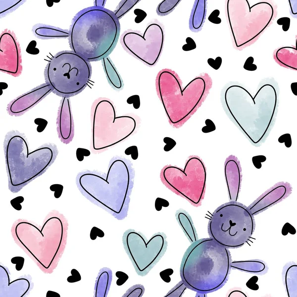 Watercolor cartoon animals seamless bunnies and hearts pattern for wrapping paper and fabrics and kids print and festive packaging and summer accessories and Easter party. High quality illustration