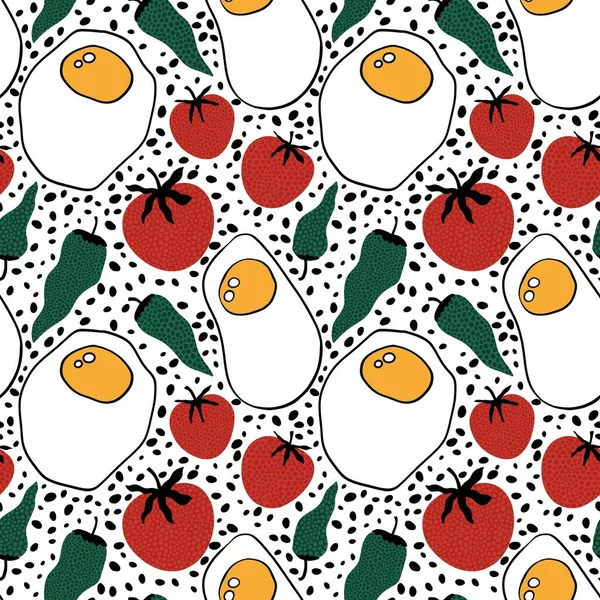 Cartoon meal seamless scrambled eggs and tomato and pepper pattern for wrapping paper and fabrics and kitchen textiles and festive packaging and summer accessories. High quality illustration