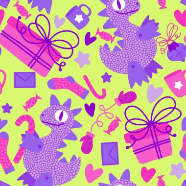 Noel ağacı dikişsiz ejderha, hediye kutusu, toplar ve penguen desenli ambalaj kağıtları, kumaşlar, kış aksesuarları, çocuk baskısı ve Noel paketi ve parti. Yüksek kaliteli illüstrasyon