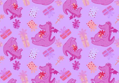 Yeni yıl ejderhaları, Noel dinozor desenli ambalajsız ambalajsız Noel dinozor desenleri ve çocuk kıyafetleri baskısı, şenlikli ambalajlar, kumaşlar ve Noel aksesuarları. Yüksek kaliteli illüstrasyon