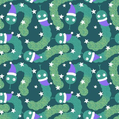 Noel karikatürleri, Noel Baba şapkası desenli kusursuz yılanlar. Yeni yıl kağıtları, kumaşlar, çarşaflar, çocuk giysileri baskıları ve şenlikli ambalajlar için. Yüksek kaliteli illüstrasyon