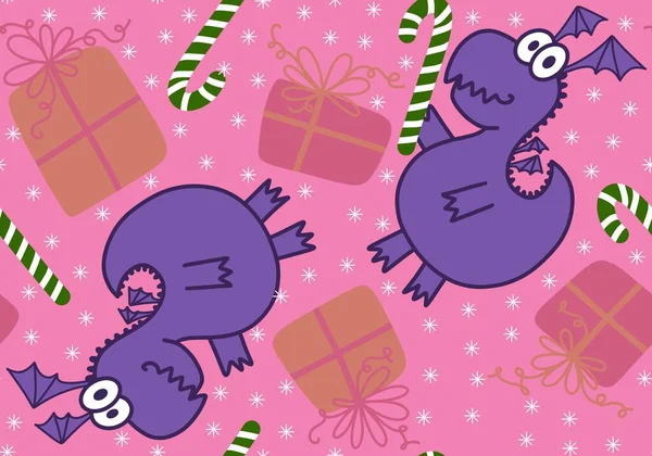Cartoon animals dinosaur Christmas seamless dragon pattern for wrapping paper and kids clothes print and fabrics and festive packaging. High quality illustration