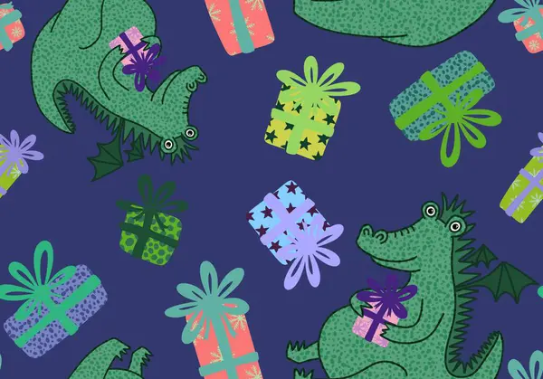 New year dragon seamless cartoon Christmas dinosaur pattern for wrapping paper and kids clothes print and festive packaging and fabrics and Noel accessories. High quality illustration