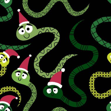 Noel karikatürleri, Noel Baba şapkası desenli kusursuz yılanlar. Yeni yıl kağıtları, kumaşlar, çarşaflar, çocuk giysileri baskıları ve şenlikli ambalajlar için. Yüksek kaliteli illüstrasyon