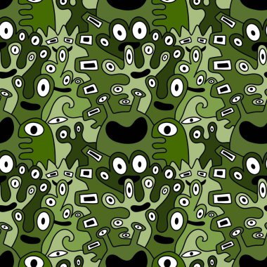 Çizgi film canavarları, ambalaj kağıtları, kumaşlar, çarşaflar, çocuk aksesuarları, moda tekstilleri ve bayram ambalajları için kusursuz bir Cadılar Bayramı deseni. Yüksek kaliteli illüstrasyon