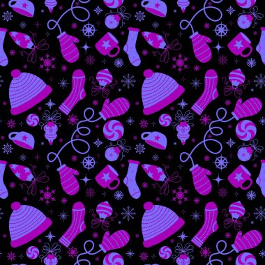 Noel ağacı topları, pürüzsüz eldivenler, şapka, çorap ve kumaş ambalajı için şeker deseni, çocuk baskısı, kış aksesuarları ve yeni yıl ambalajı. Yüksek kaliteli illüstrasyon