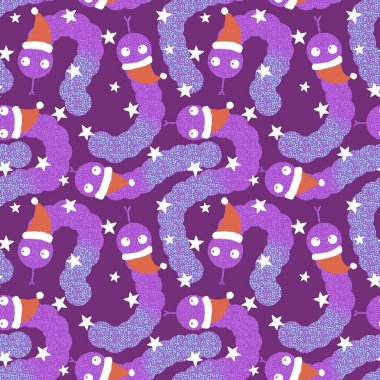 Noel karikatürleri, Noel Baba şapkası desenli kusursuz yılanlar. Yeni yıl kağıtları, kumaşlar, çarşaflar, çocuk giysileri baskıları ve şenlikli ambalajlar için. Yüksek kaliteli illüstrasyon