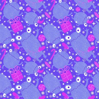 Noel hayvanları, kusursuz kurbağalar ve Noel Baba şapkası desenli ambalaj kağıtları, kumaşlar, çarşaflar ve çocuk giysileri baskısı ve yeni yıl ambalajları. Yüksek kaliteli illüstrasyon