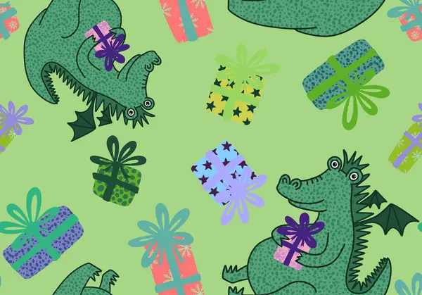 New year dragon seamless cartoon Christmas dinosaur pattern for wrapping paper and kids clothes print and festive packaging and fabrics and Noel accessories. High quality illustration