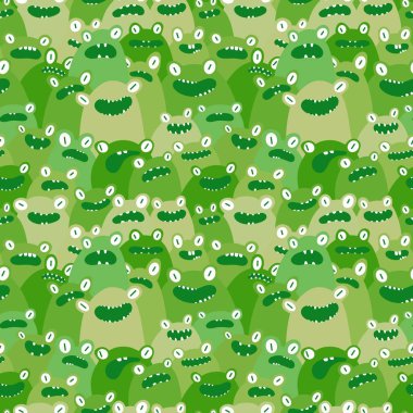 Çizgi film hayvanları, kağıt, kumaş, çarşaf, çocuk giysisi baskısı, yaz aksesuarları ve şenlikli ambalajlar için kusursuz kurbağa desenleri. Yüksek kaliteli illüstrasyon