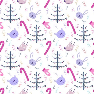 Noel ağaçsız tavşanlar, ayılar, geyikler ve eldiven desenleri ambalaj kağıtları, kumaşlar, yeni yıl paketleri, Noel aksesuarları ve çocuk kıyafetleri baskıları için. Yüksek kaliteli illüstrasyon