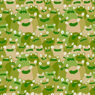 Çizgi film hayvanları, kağıt, kumaş, çarşaf, çocuk giysisi baskısı, yaz aksesuarları ve şenlikli ambalajlar için kusursuz kurbağa desenleri. Yüksek kaliteli illüstrasyon