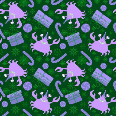 Noel karikatüründeki hayvanlar dikişsiz yengeçler, kumaşlar, kumaşlar ve çocukların baskısı için şeker desenleri ve plaj ambalajlarında ve şenlikli aksesuarlarda yeni yıl. Yüksek kaliteli illüstrasyon