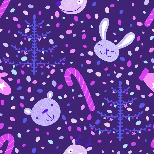 Noel ağaçsız tavşanlar, ayılar, geyikler ve eldiven desenleri ambalaj kağıtları, kumaşlar, yeni yıl paketleri, Noel aksesuarları ve çocuk kıyafetleri baskıları için. Yüksek kaliteli illüstrasyon