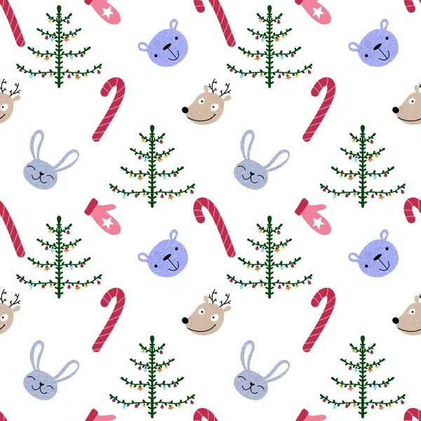 Рождественские Елки Бесшовные Кролики Медведи Олени Перчатки Узор Упаковки Бумаги — стоковое фото