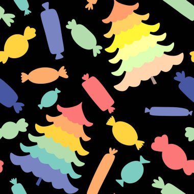 Noel ağacı karikatür desenleri ambalaj kağıdı, kumaş ve çocuk giysileri baskısı ve yeni yıl aksesuarları ve kış ambalajları ve Noel partisi için. Yüksek kaliteli illüstrasyon