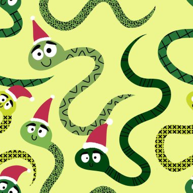 Noel karikatürleri, Noel Baba şapkası desenli kusursuz yılanlar. Yeni yıl kağıtları, kumaşlar, çarşaflar, çocuk giysileri baskıları ve şenlikli ambalajlar için. Yüksek kaliteli illüstrasyon