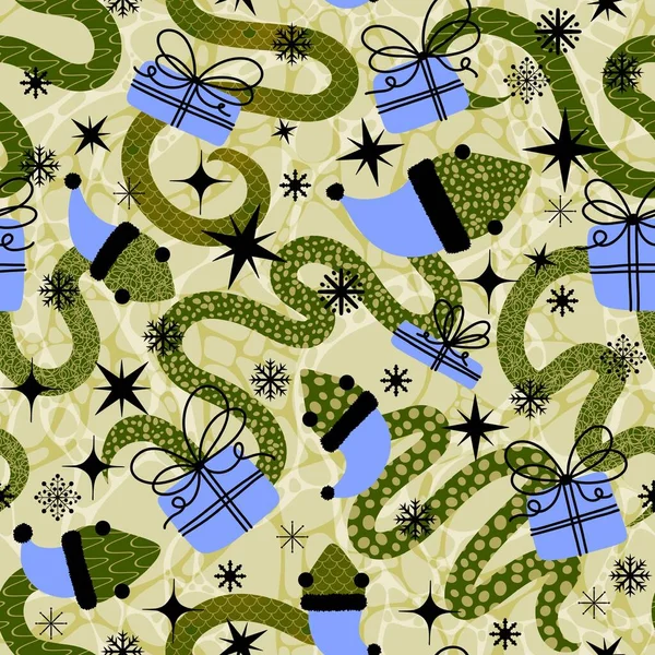 Christmas cartoon animals seamless snake and Santa hat pattern for new year wrapping paper and fabrics and linens and kids clothes print and festive packaging. High quality illustration