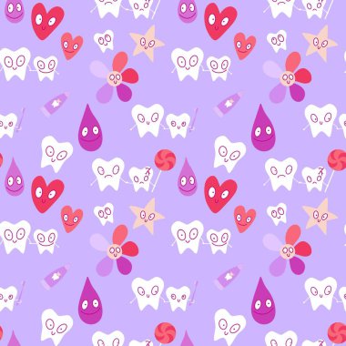 Çizgi filmlerde ambalaj kağıdı, çocuk giysisi baskısı, doktor ambalajları, ilaç aksesuarları ve kumaşlar için kusursuz diş deseni. Yüksek kaliteli illüstrasyon