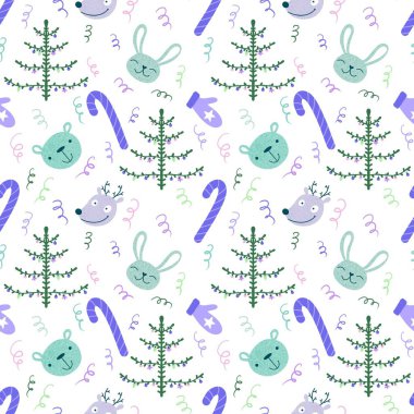 Noel ağaçsız tavşanlar, ayılar, geyikler ve eldiven desenleri ambalaj kağıtları, kumaşlar, yeni yıl paketleri, Noel aksesuarları ve çocuk kıyafetleri baskıları için. Yüksek kaliteli illüstrasyon