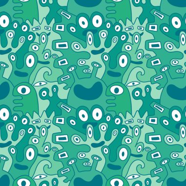 Çizgi film canavarları, ambalaj kağıtları, kumaşlar, çarşaflar, çocuk aksesuarları, moda tekstilleri ve bayram ambalajları için kusursuz bir Cadılar Bayramı deseni. Yüksek kaliteli illüstrasyon