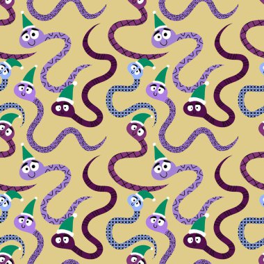 Noel karikatürleri, Noel Baba şapkası desenli kusursuz yılanlar. Yeni yıl kağıtları, kumaşlar, çarşaflar, çocuk giysileri baskıları ve şenlikli ambalajlar için. Yüksek kaliteli illüstrasyon